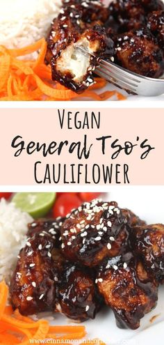 vegan general tso's cauliflower on a plate with rice and carrots