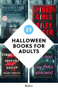 halloween books for adults with the title overlaying them in three different colors and font