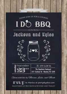 a black and white wedding card with a mason jar on the front, and an i do bbq sign at the back