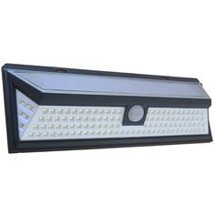 an outdoor wall light with white lights on the side and black frame, in front of a