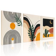 three canvases with abstract paintings on them