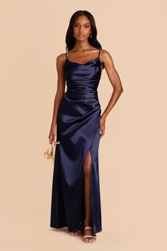 This satin cowl neck bridesmaid dress with ultra-glam ruching is ready for her day in the sun. Available in Navy. A modern mermaid skirt and cool cowl neck join forces to bring you Lydia: a showstopping bridesmaid dress for a glamorous wedding. | Navy Bridesmaid Dress Shiny Satin Size Small | Birdy Grey Lydia Cowl Neck Bridesmaid Dress, Midnight Blue Bridesmaid Dresses, Dark Blue Bridesmaid Dresses, Navy Bridesmaid Dress, Modern Mermaid, Midnight Blue Dress, Silk Bridesmaid Dresses, Dark Navy Bridesmaid Dresses, Navy Prom Dresses