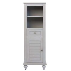 a white cabinet with shutters on the door and drawers in front of it, against a white background