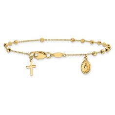 14k yellow gold polished and diamond-cut miraculous medal and cross rosary bracelet. Measures approximately 1/16 of an inch in width and has a fancy lobster claw clasp. Rosary Design, Cross Rosary, Bracelet Gift Box, Gold Rosary, Rosary Bracelet, Average Weight, Miraculous Medal, Jewelry For Her, Cross Charms