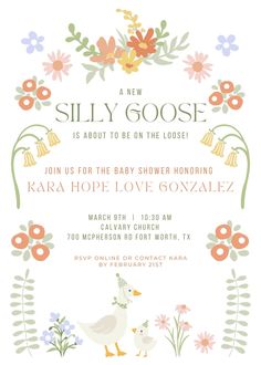 a baby shower is shown with an image of a duck and flowers in the background