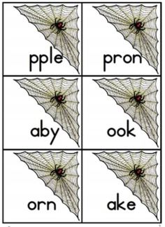 four pictures with words that spell out the word spider