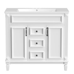 a white bathroom vanity with two drawers and one door on the side, in front of a white background