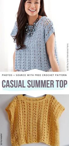 a woman wearing a crochet top with the text, casual summer top