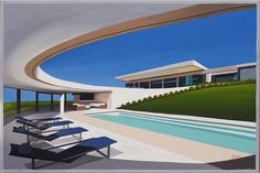 a painting of lounge chairs in front of a house with a swimming pool on the side