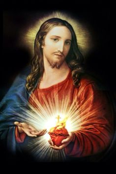 jesus holding an open heart in his hands with the light coming from it's center