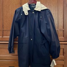 Nwt London Fog Jacket With Detachable Hood. Full Zip And Bottom Closure. Big Pockets With Zippers. Water Repellent. Color Is Navy/ Tan. Smoke Free Home Classic Weatherproof Hooded Outerwear, Navy Outerwear For Fall Travel, Navy Outerwear With Detachable Hood For Fall, Navy Casual Outerwear For Travel, Navy Double-lined Hooded Outerwear For Fall, London Fog Jacket, Fog Blue, Small Jacket, Big Pockets