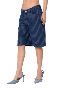 A relaxed silhouette and smart pinstripes amplify the trend-savvy appeal of denim Bermuda shorts rendered in a medium-blue wash. Zip fly with button closure Five-pocket style 100% cotton Machine wash, dry flat Imported Trendy Pinstripe Bottoms For Summer, Trendy Pinstripe Summer Bottoms, Casual Pinstripe Bottoms With Pockets, Relaxed Fit Vertical Stripes Short Bottoms, Denim Wide Leg Bottoms With Vertical Stripes, Striped Denim Jeans With Pockets, Denim Jeans With Vertical Stripes, Wide Leg Denim Bottoms With Vertical Stripes, Trendy Pinstripe Bottoms For Spring