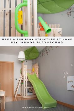 a green slide in the middle of a playroom with text overlay that reads make a fun play structure at home diy indoor playground