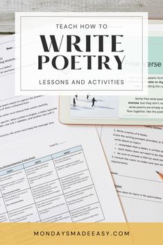 the words teach how to write poetry lessons and activities on top of papers with an image of