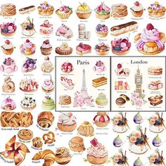 a poster with different types of pastries and desserts on it's sides