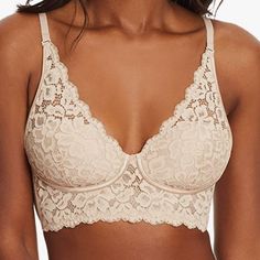 Padded Wireless Bra, Convertible Longline Halter Bralette With Soft Foam Cups Cream Lace Bra For Summer, Cream Lace Bra Partially Lined, Cream Delicate Lace Bra, Beige Lace Camisole With Built-in Bra, Cream Lace Underwire Bra, Maidenform Bras, French Lingerie, Halter Bralette, Backless Bra