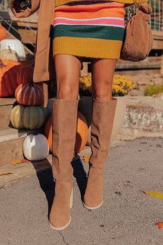 - These boot runs more true to size. - Boot Height: 19.5 Inches - Heel Height: 4 Inches - Calf Circumference: 15 Inches Beige Suede Heeled Boots For Fall, Suede Platform Boots Medium Width For Fall, Tall Round Toe Boots For Fall, Beige Wide Calf Boots For Fall, Tall Boots With Round Toe For Fall, Fall Suede Heeled Boots With Wide Calf, Fall Wide Calf Suede Heeled Boots, Fall Suede Platform Boots Medium Width, Fall Tall Boots With Round Toe