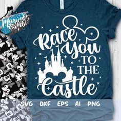 a shirt that says race you to the castle with mickey mouse ears and stars on it