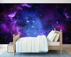 a bedroom with a bed, night sky and stars in the background wallpaper mural