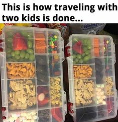 two plastic containers filled with food sitting on top of a tv screen next to each other