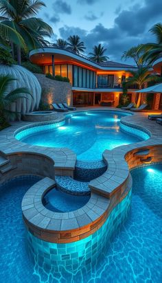 an outdoor swimming pool surrounded by palm trees at night with lights on the side and steps leading up to it