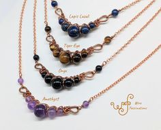 "Natural stone beads of various sizes are wire wrapped onto a graceful curved natural copper frame in a beautiful criss cross pattern. Choose from Amethyst, Lapis Lazuli, Black Onyx, or Tiger Eye. The copper chain is acceded by matching stone beaded links on either side of the main piece. The hook and eye clasp is also handmade from copper wire. Customization: Princess length (18\") is shown but I can change the length to your specification. Send me a message with purchase for this option. Gift Criss Cross Pattern, Wire Wrapped Stone Jewelry, Wire Wrapped Jewelry Diy, Natural Stone Necklace, Copper Frame, Wire Jewelry Designs, Natural Stone Beads, Wire Wrapping Stones, Natural Stones Necklace