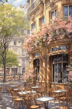 an oil painting of tables and chairs in front of a building with pink flowers on it