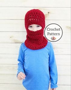 a little boy wearing a red knitted hat and scarf with the words crochet pattern on it