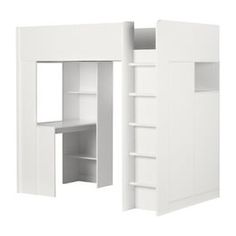 an open white cabinet with shelves and cupboards on both sides, in front of a white background