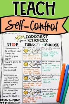 a teacher's self - control chart with markers and pencils on the table