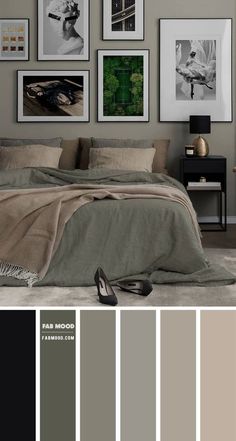 a bedroom with gray walls and pictures on the wall above the bed, along with a pair of black high heel shoes