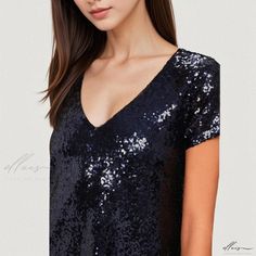 Elluis - Elegant V-Neck Short Sleeve Sequin Party Dress for Sophisticated Occasions Sequin Party, Sequin Party Dress, Waist Circumference, Types Of Skirts, A Line Skirt, Types Of Collars, A Line Skirts, Types Of Sleeves, Sequin