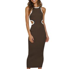 Coffee Rib Hollow Out Sleeveless Bodycon Dress Sleeveless Brown Bodycon Summer Dress, Sleeveless Brown Bodycon Dress For Summer, Chic Brown Sleeveless Mini Dress, Chic Brown Stretch Sleeveless Dress, Brown Midi Bodycon Dress For Summer, Chic Fitted Brown Sleeveless Dress, Brown Bodycon Dress For Spring, Fitted Brown Sleeveless Dress For Spring, Sleeveless Bodycon Dress