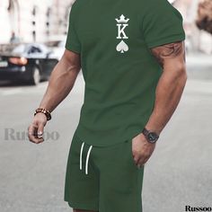 Russoo - Mens Plus Size K Graphic Print T-shirt & Shorts Set: Ideal Attire for Sports, Workouts, and Summer Style - 2-Piece Outfit for the Fashion-Conscious Male Athlete Green Sportswear T-shirt For Summer, Fitted Short Sleeve Tops For Leisure, Casual Summer Moisture-wicking Sets, Casual Summer Sets With Moisture-wicking, Casual Summer Sets With Moisture-wicking Details, Casual Moisture-wicking Sets For Summer, Sportswear Sets With Letter Print And Crew Neck, Sportswear Sets With Crew Neck Letter Print, Sports Sets With Graphic Print And Short Sleeves