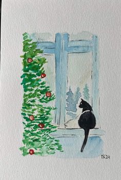 a watercolor painting of a black cat sitting in front of a window with a christmas tree