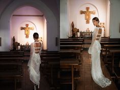 two photos of a woman in a white dress walking down the aisle of a church