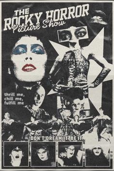 the rocky horror movie poster is shown in black and white, with multiple images on it