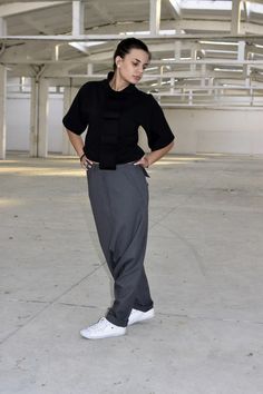 "Women Gray Pants, Wool Pants, Women Harem Pants ◈Available in black from cold wool. ◈ Stylish and chic fashion is our shared dream! You can be sure that this piece is made with a lot of love and craftsmanship. ◈ The black top is available here - https://etsy.me/2TeHIf3 ◈ S I Z I N G ◈ This item is available from XS to 4XL. Please, have a look at my Size Chart below before placing your order. ◈ D E L I V E R Y ◈ This item will be shipped in up to 5 days after your order was placed. We use Expres Stretch Parachute Pants With Elastic Waistband For Work, Stretch Ankle-length Harem Pants For Workwear, Stretch Tapered Leg Harem Pants For Work, Wide Leg Pants Plus Size, Black Linen Pants, Pants Streetwear, Drop Crotch Pants, Pants Plus Size, Gray Pants