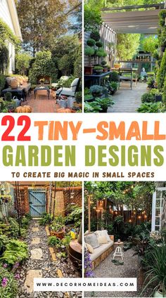 small garden design with lots of plants and flowers in the yard, including an outdoor seating area