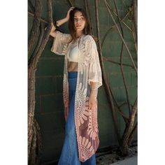 Ombre Bohemian Lace Kimono w/ Sleeves Immediate Shipping One Size Fits Most Sizes: 0 12 Length: 49" Bust Across: 23" Sleeve Length: 15" Sleeve Opening: 10" Ombre Lace, Kimono Duster, Lace Kimono, Flowy Sleeves, Boho Lace, Kimono Cardigan, Boho Look, Pattern Crochet, Sheer Fabrics