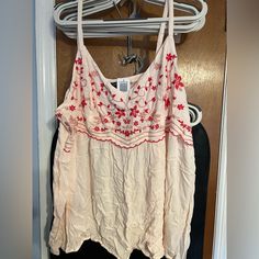 Perfect For Summer! Light And Breezy Pale Pink Babydoll Tank. Has A Red Embroidered Flower Design On The Top, Stretchy Back For Comfortable Fit, And Adjustable Straps. Never Been Worn. Cute Embroidered Beach Tops, Cute Red Tops With Floral Embroidery, Puff Long Sleeve Top, Babydoll Tops, Pink Babydoll, Chiffon Tank Tops, Tiered Tops, Babydoll Tank, Flowers Color