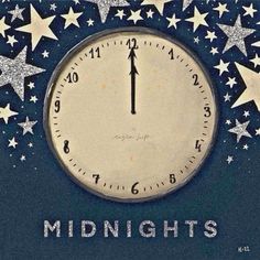 a clock with the words midnights written on it and stars around it in blue