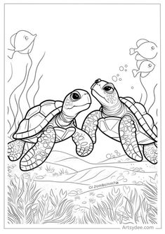 two sea turtles swimming in the ocean with fish and corals on the bottom, coloring page