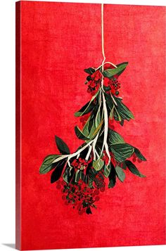 a red painting with green leaves and berries hanging from it