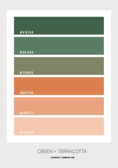 the color scheme for green and terracotta is shown in shades of orange, brown,