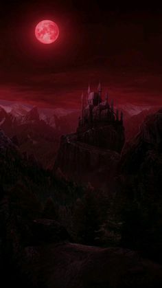 a castle in the middle of a mountain under a red moon