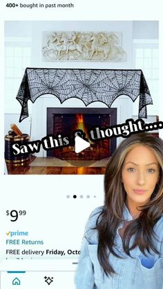 a woman is looking at the camera in front of a fireplace with an ad on it