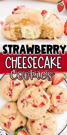 strawberry cheesecake cookies on a plate with strawberries