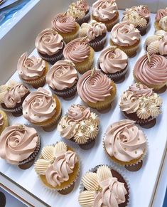 cupcakes with pink frosting in a box