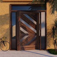 With its chevron wood and glass panel mimicking the pattern of a monarch butterfly, this pivot door adds breathtaking grace to any entryway. Pictured with Door Matched Wood Jamb. Pivot Doors Interior, Modern Pivot Door, Pivot Doors Entry, Pivot Front Door, Custom Exterior Doors, Sliding Cabinet Doors, Modern Sliding Barn Door, Modern Entry Door, Invisible Doors